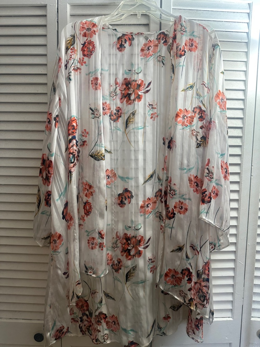Cato Sheer White Floral Kimono with Coral & Teal Accents